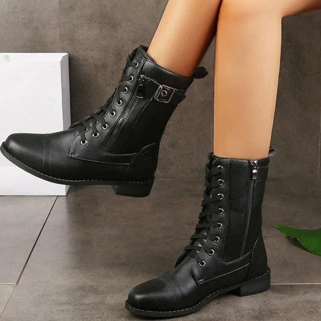 Women chunky heel buckle strap side zipper short lace up boots