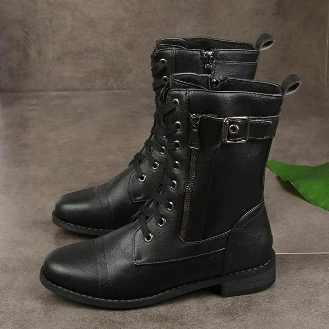 Women chunky heel buckle strap side zipper short lace up boots