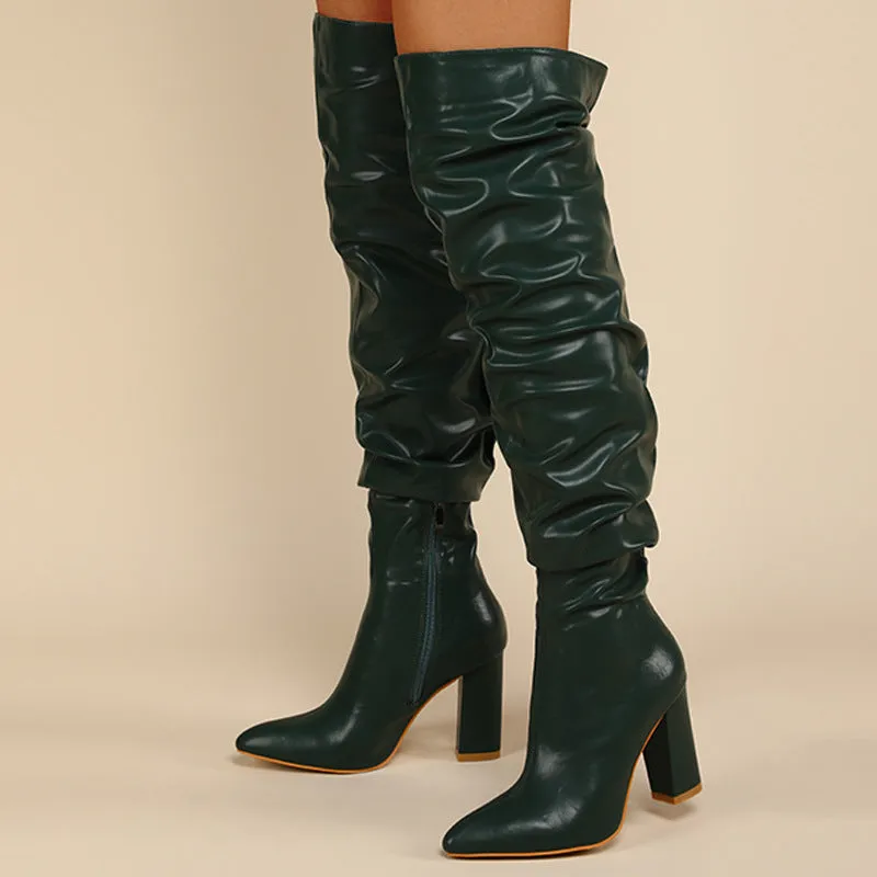 Women fashion solid color side zipper chunky high heel pointed toe over the knee boots