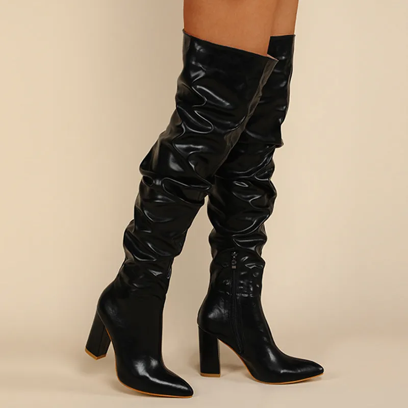 Women fashion solid color side zipper chunky high heel pointed toe over the knee boots