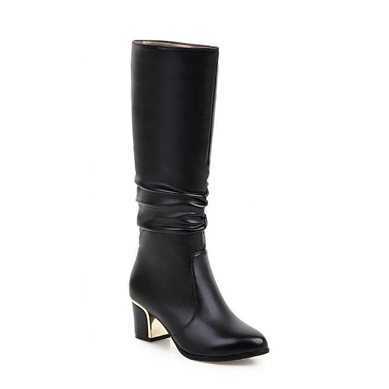 Women solid color slip on chunky heel knee high boots