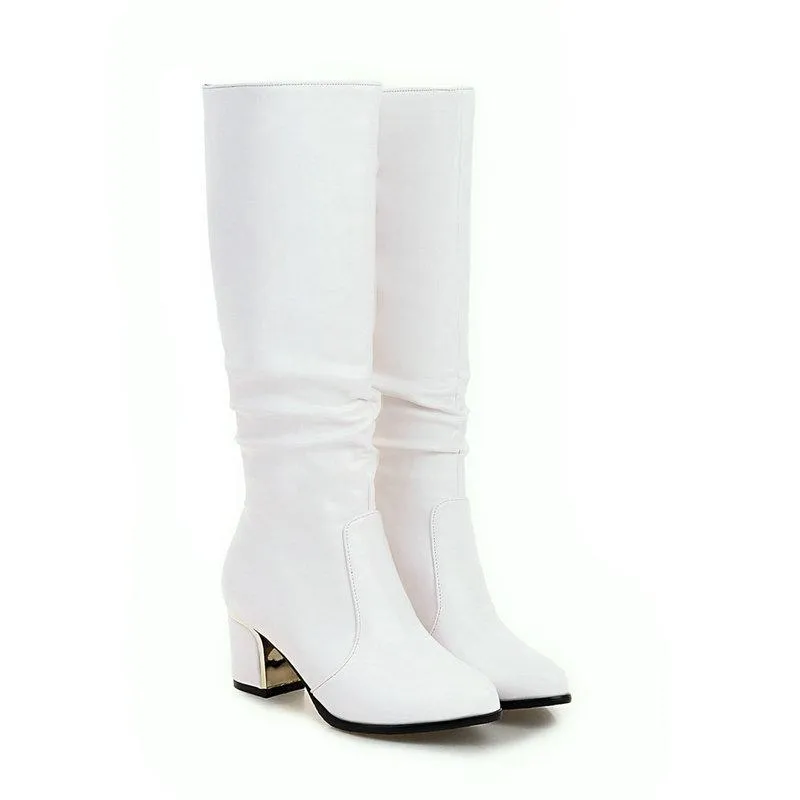 Women solid color slip on chunky heel knee high boots