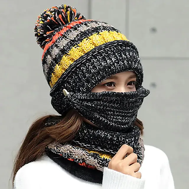 Women's Knitted Hat Scarf Mask Set