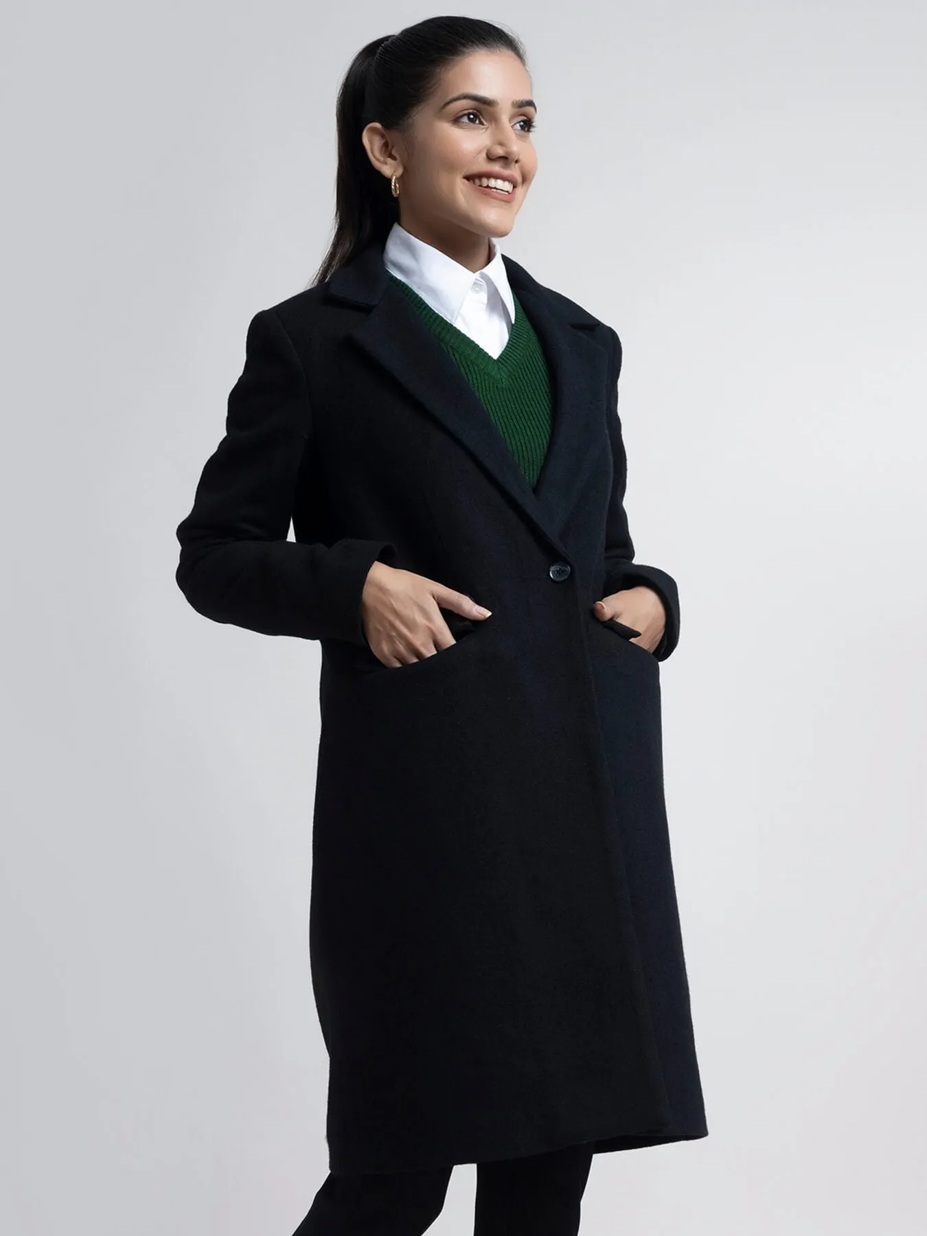 Wool Blend Long Overcoat - Black