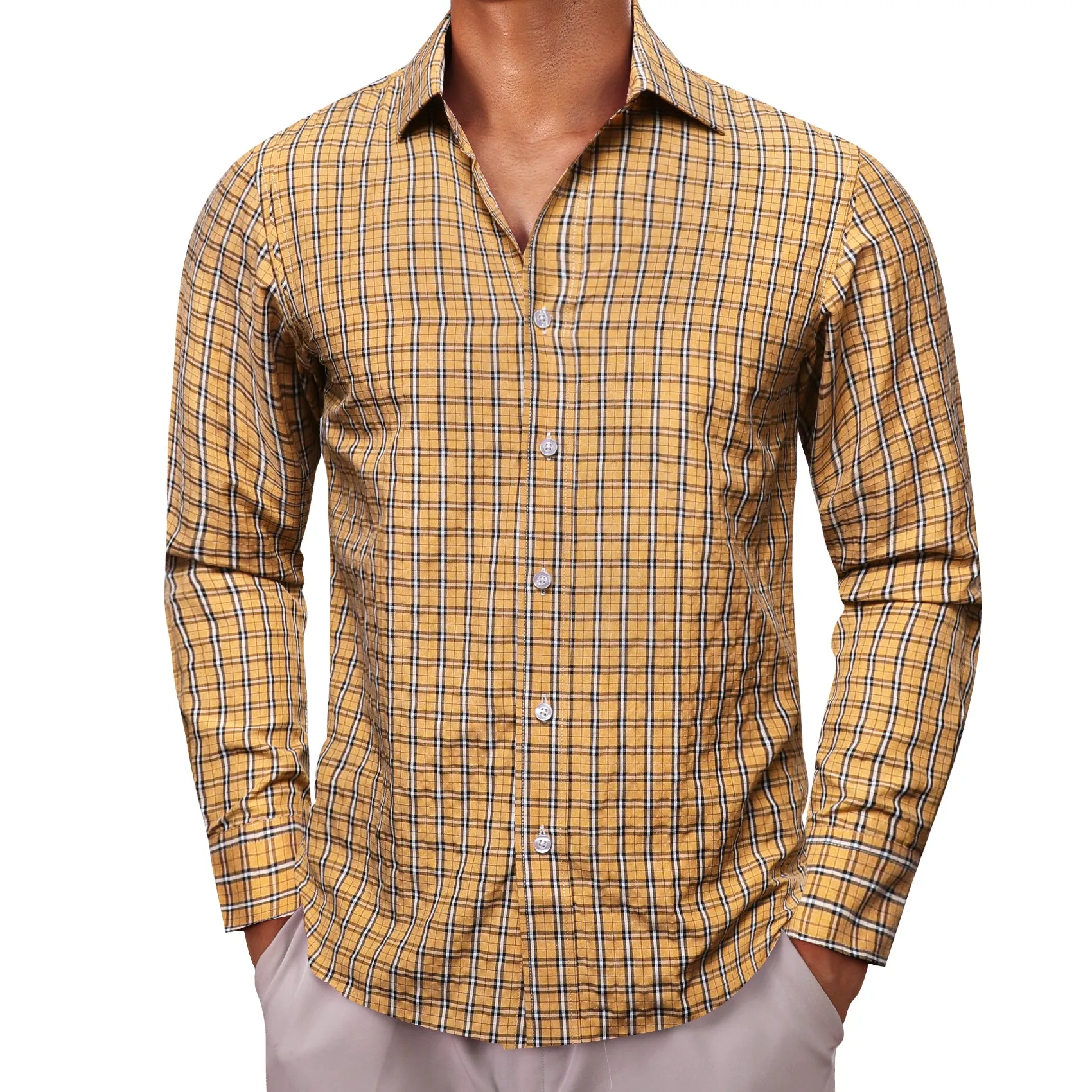 Yellow Black Small Plaid Men's Long Sleeve Work Shirt