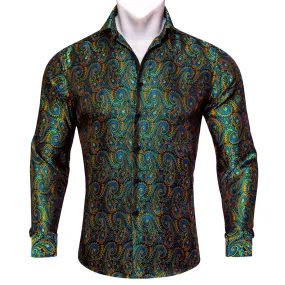 Yellow Green Paisley Silk Men's Long Sleeve Shirt