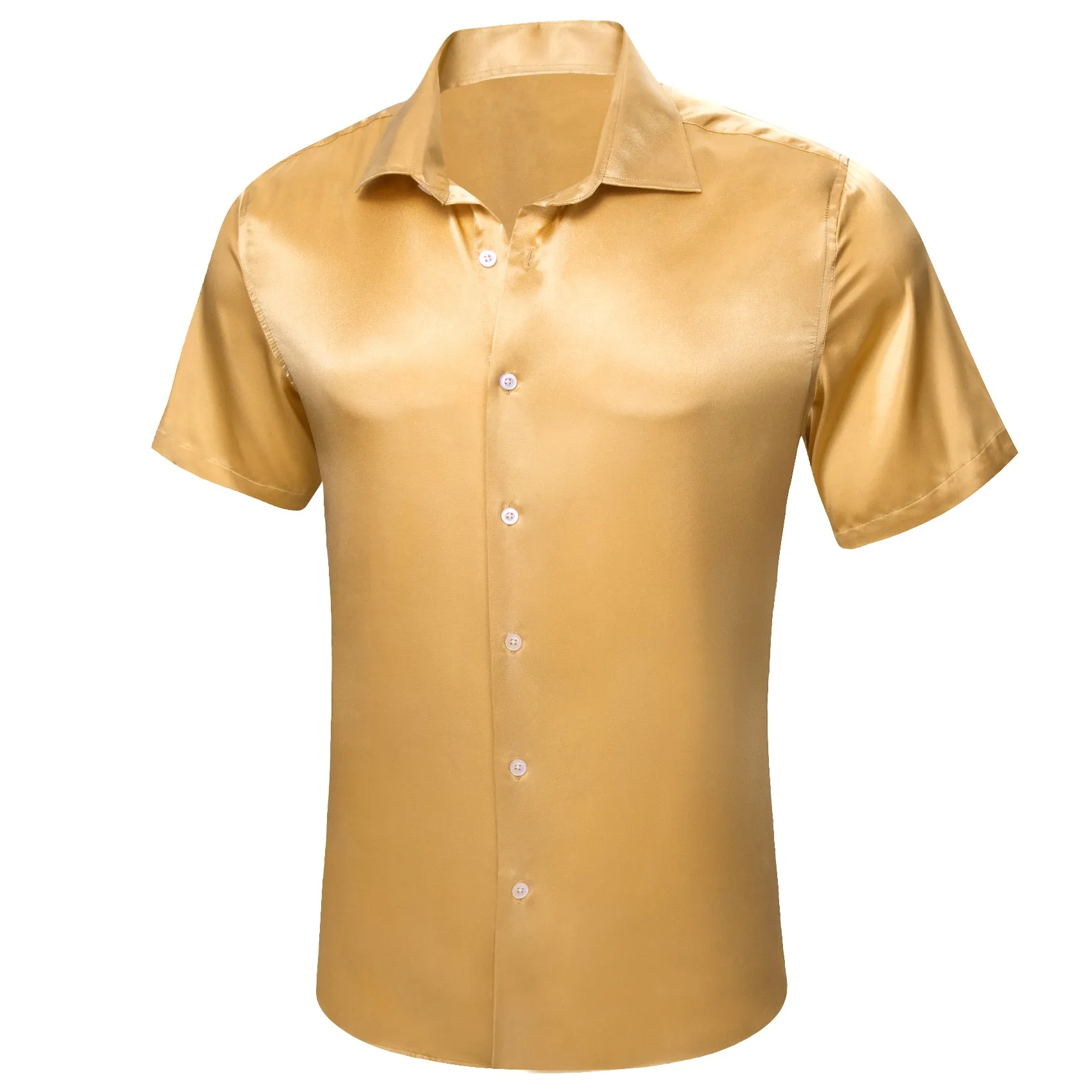 Yellow Satin Solid Silk Men's Short Sleeve Shirt