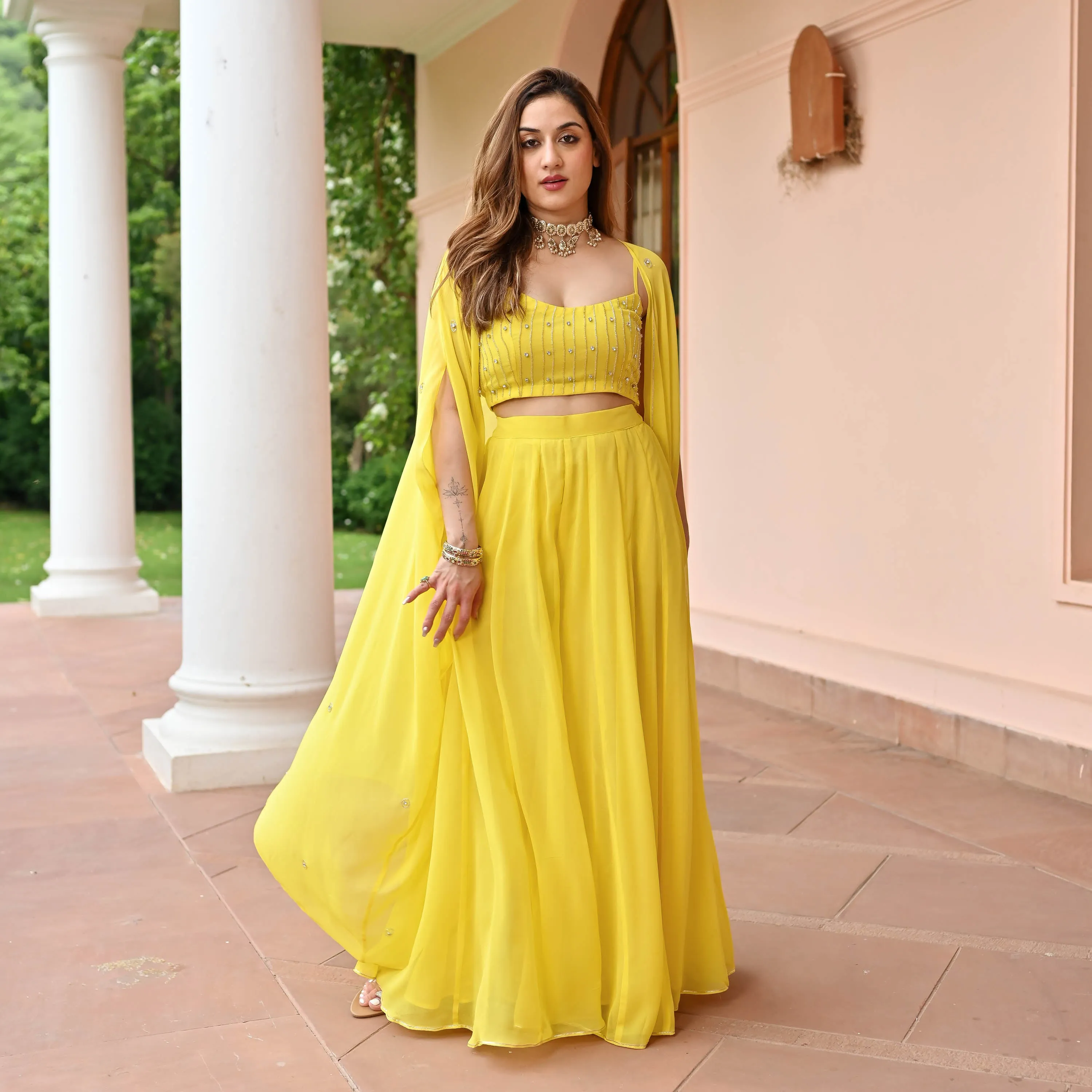 Yellow Timeless Georgette Cape Pants Set