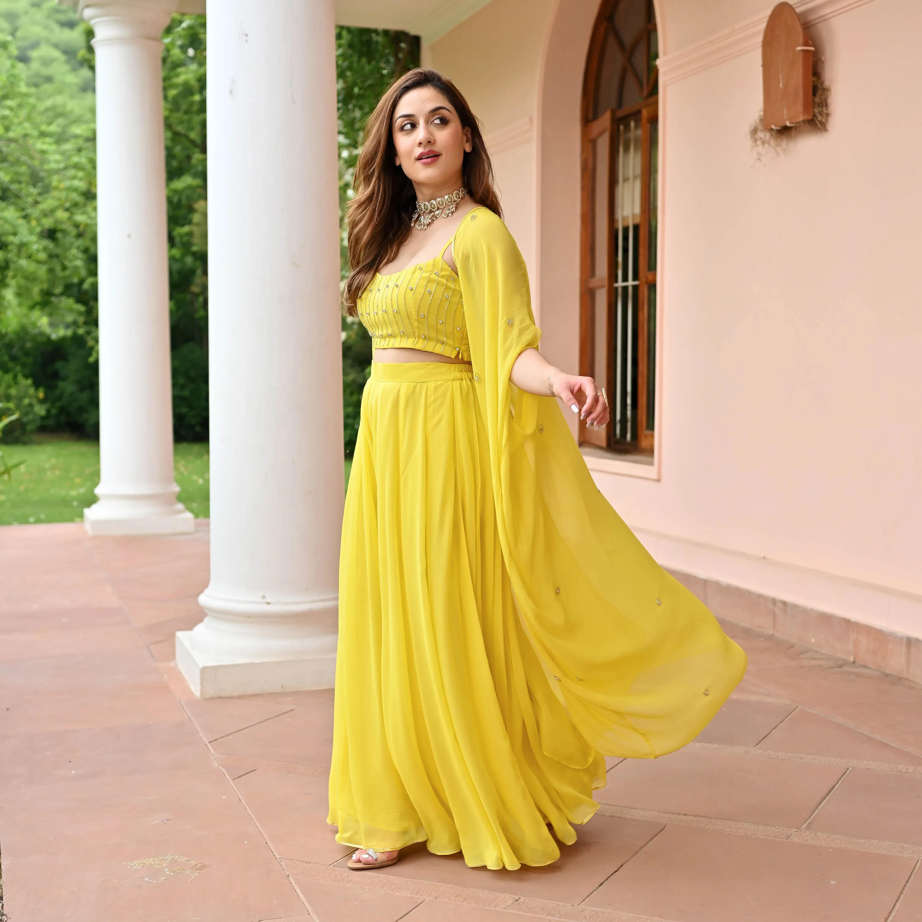 Yellow Timeless Georgette Cape Pants Set