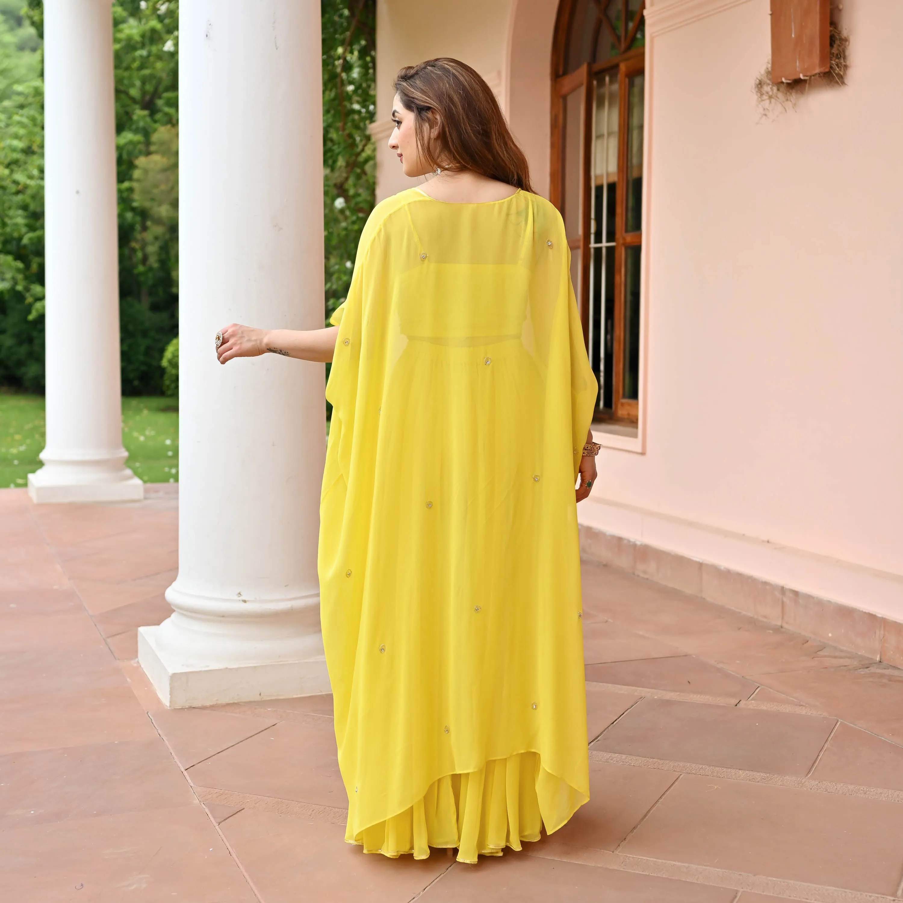 Yellow Timeless Georgette Cape Pants Set